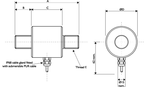 DDEN Submersible In-Line Load Cell Outline Drawing
