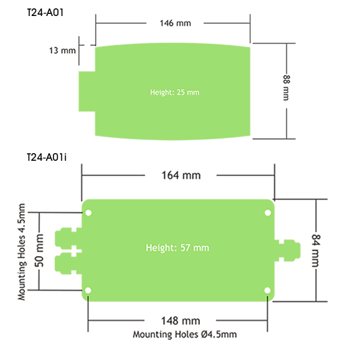 T24-A01 and T24-A01i Wireless Telemetry Analogue Output Module Outline Drawings